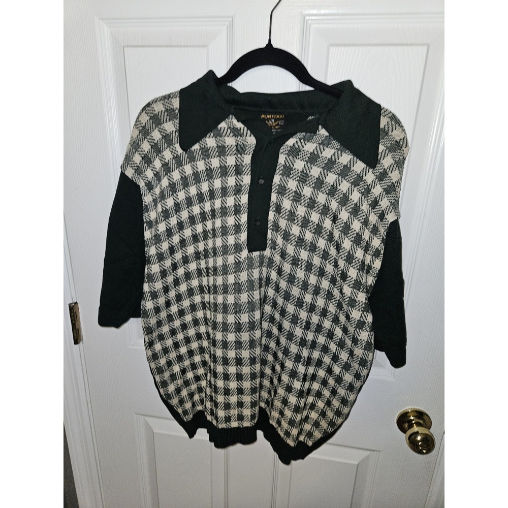 Vintage Mens Puritan 1970s Knit Shirt Houndstooth Cream and Green Size Large